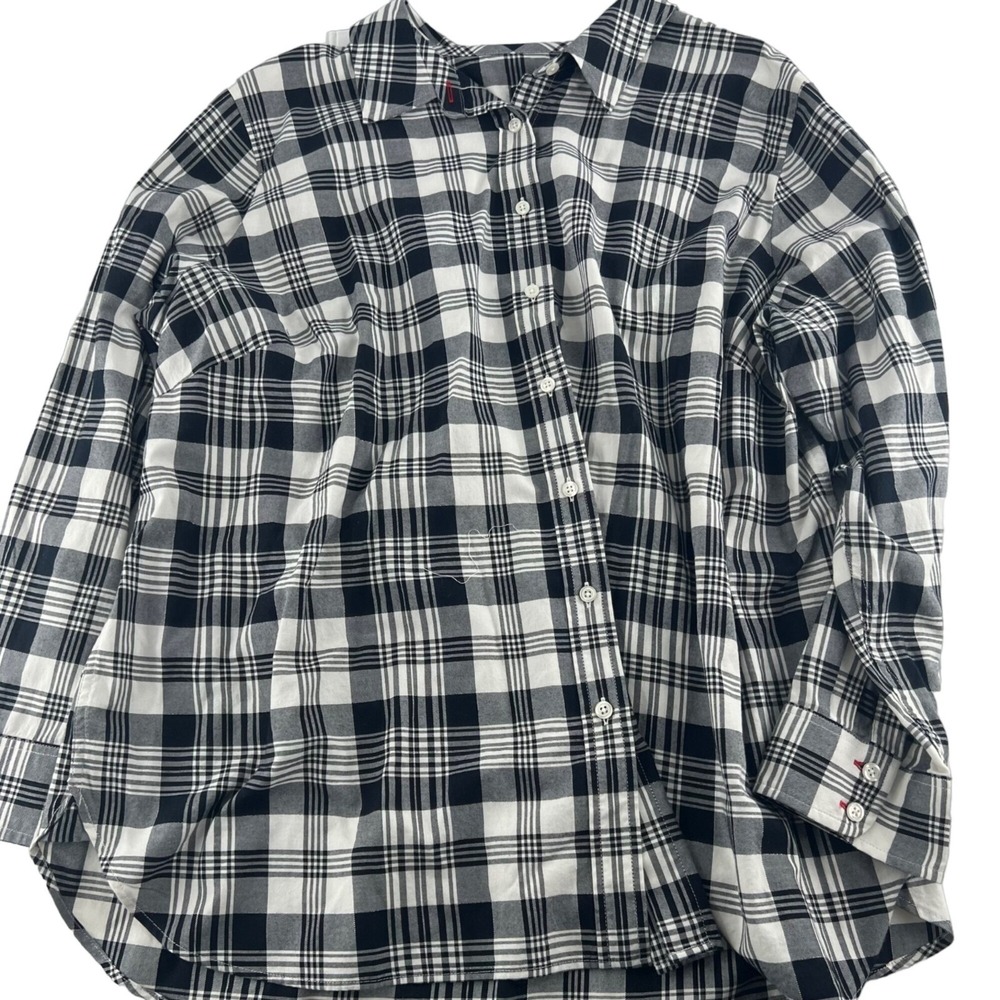 Talbots‎ Plus size 1X Flannel Black White Plaid Button Up Blouse Long Sleeves